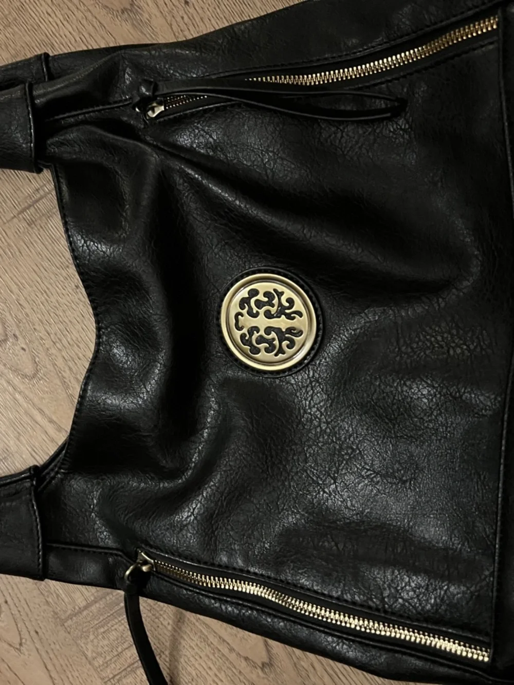 Dasein Black Vegan Leather Hobo Shoulder Bag Gold Hardware Excellent Condition